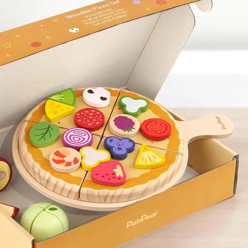 Miniatura 5 de PairPear Juego de comida de madera para cortar pizza, 28 piezas de juguete de pizza, juego de cocina Montessori, accesorios de cocina, regalo