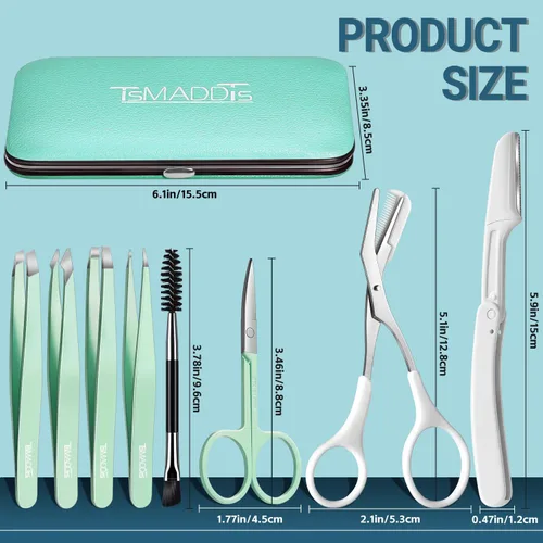 Miniatura 2 de TsMADDTs Pinzas para mujeres, kit de cejas 8 en 1 con pinzas, recortadora, tijera, navaja, cepillo con bolsa de viaje, kit para dar forma a las cejas