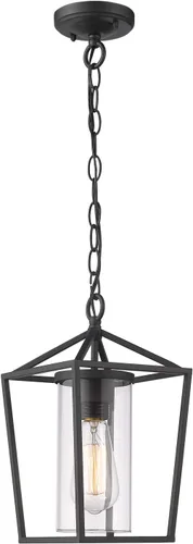 Emliviar Lámpara colgante moderna para exteriores, 1 luz de linterna colgante al aire libre en acabado negro con vidrio transparente, 20065H BK