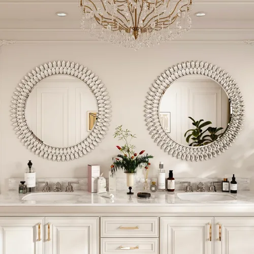 Miniatura 4 de Kelly Miller Espejo redondo con joyas para decoración de pared, espejo de pared decorativo moderno de 32 pulgadas con diamantes de lujo, espejo