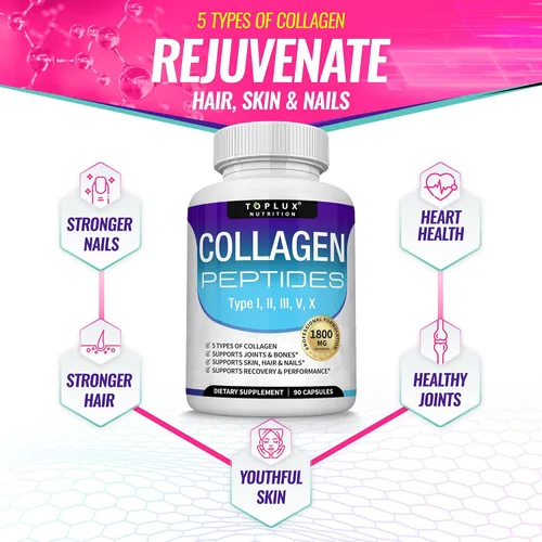Miniatura 5 de Toplux Complejo de péptidos de colágeno múltiple de 1800 mg - Complejo tipo I, II, III, V, X Complejo de colágeno premium para una mejor piel y One