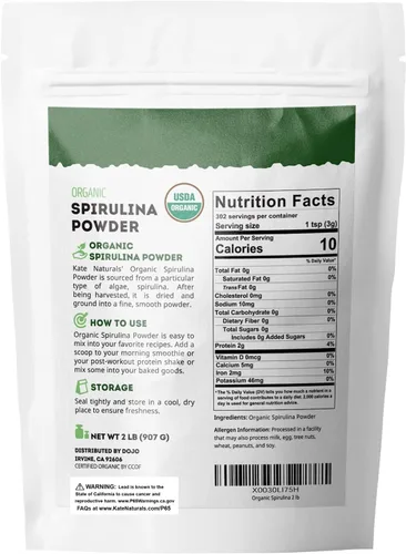 Miniatura 2 de Kate Naturals Polvo de espirulina orgánica. Superalimento denso en nutrientes para batidos y jugos (2 libras, certificado USDA, sin OMG, sin gluten)