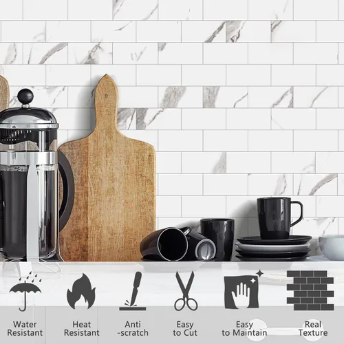 Miniatura 9 de STICKGOO azulejo de metro de 10 hojas para despegar y pegar, azulejo de pared autoadhesivo de PVC, salpicadero adhesivo de Calacatta para cocina