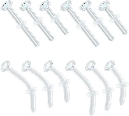 Miniatura 8 de 12pcs Glass Piercing Retainers Set for Work/Surgery/Sports, 18g 16g 14g Curved Clear Nose Studs for Cartilage Tragus Conch Daith Helix Lip Nose