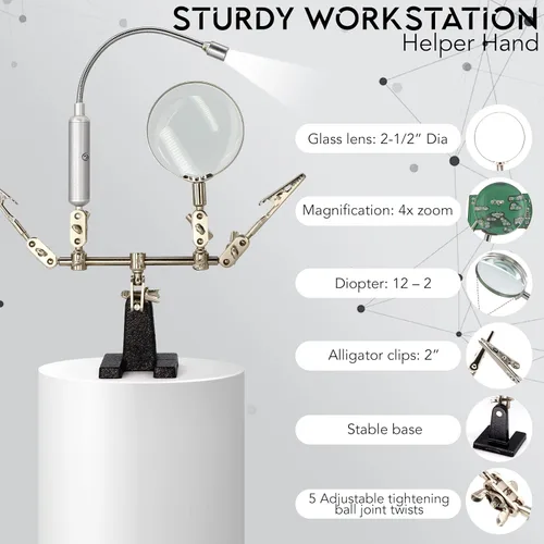 Miniatura 3 de RamPro soporte con lupa de mano y cuello flexible con luz LED + pinzas de cocodrilo, perfecto para soldar (baterías incluidas)