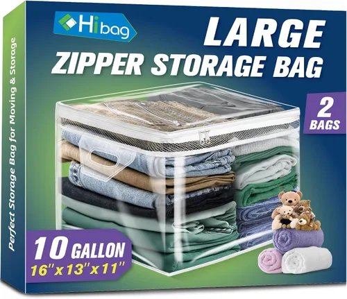 HIBAG Bolsa de almacenamiento grande de 10 galones para ropa, bolsa de almacenamiento de ropa con cremallera, organizador transparente con asas