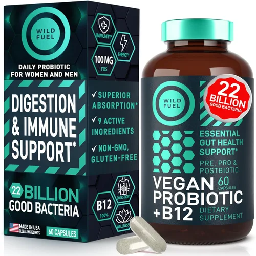 Probiótico vegano Plus B12 y FOS – 22 mil millones de UFC sinbióticos prebióticos y probióticos para la salud digestiva, SII, apoyo al estado de