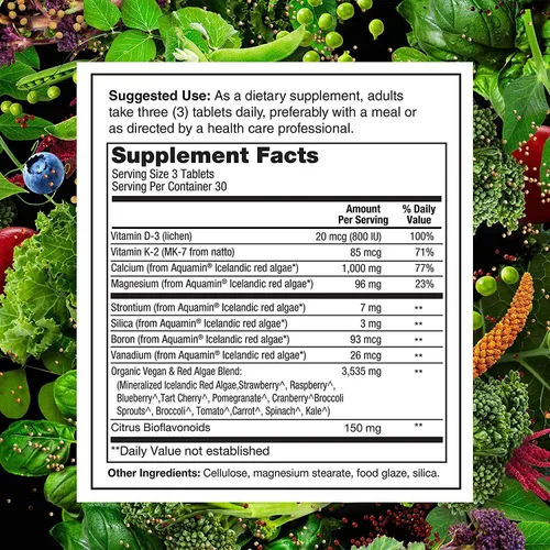 Miniatura 6 de PlantFusion Calcio vegano, calcio a base de plantas prémium (1000 mg) procedente de algas rojas islandesas, más magnesio, D3, K2 y boro, 90 tabletas