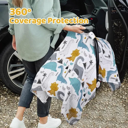 Miniatura 4 de Rquite Funda de asiento de automóvil de dinosaurios, toldo de muselina de algodón para asiento de automóvil, funda transpirable para portabebés