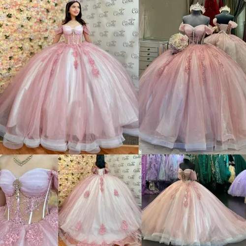 Miniatura 5 de Mouccy Vestidos de quinceañera de encaje con purpurina con cuentas y hombros descubiertos dulces 16 vestidos con tren perlado XV vestidos
