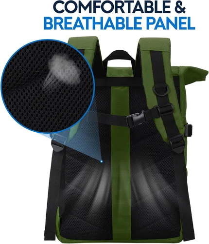 Miniatura 6 de Mochila con parte superior enrollable Haimont para hombres, mochila casual para portátil con 9 bolsillos para viajes, trabajo, caminatas, Verde