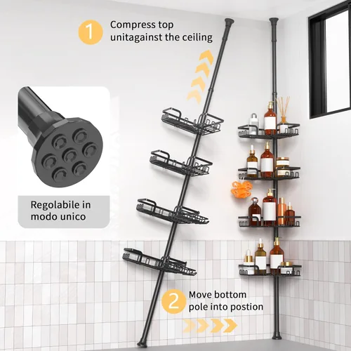 Miniatura 7 de ZUNTO Estante de ducha con poste de tensión para baño, ajustable de 25 a 114 pulgadas, de suelo a techo, organizador de barra de tensión