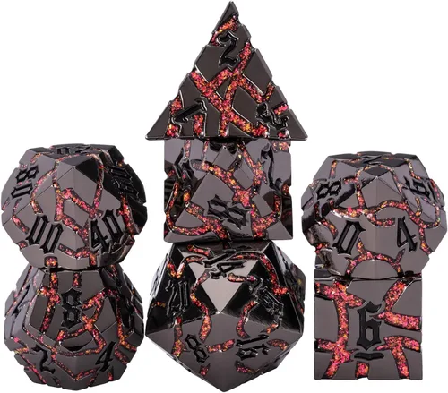 Miniatura 10 de Juego de Dados de Metal DND, Conjunto de 7 Dados Poliédricos D&D, Conjunto de Dados con Grietas Brillantes para Juego de Rol Calabozos y Dragones