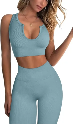 QINSEN Conjuntos de entrenamiento para mujer, 2 piezas, acanalados, sin costuras, sin mangas, cintura alta, leggings de yoga