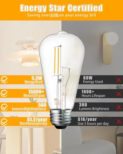 Miniatura 5 de MASTERY MART Paquete de 6 bombillas Edison vintage, bombilla LED E26 de 5.5 W equivalente a 60 W, regulable, blanco suave de 2700 K, ST19 antiguo