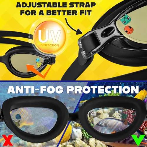 Miniatura 6 de Get Trend Gafas de natación y gorro de natación para niños y adolescentes, antivaho con protección UV Pokemon Negro