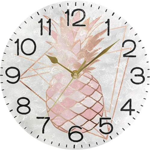 Miniatura 5 de ALAZA Reloj de pared de piña en oro rosa sobre mármol rosa y blanco, funciona con pilas, sin tictac, silencioso, cuarzo analógico, rústico
