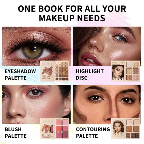 Miniatura 2 de Paleta de maquillaje, sombra de ojos, resaltador, rubor y contorno, juego de paleta de maquillaje plegable estilo libro de 4 capas, brillo metálico