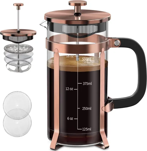 Miniatura 22 de QUQIYSO Cafetera de prensa francesa de acero inoxidable 304 con 4 filtros, resistente al calor, duradera, fácil de limpiar, prensa de café de vidrio
