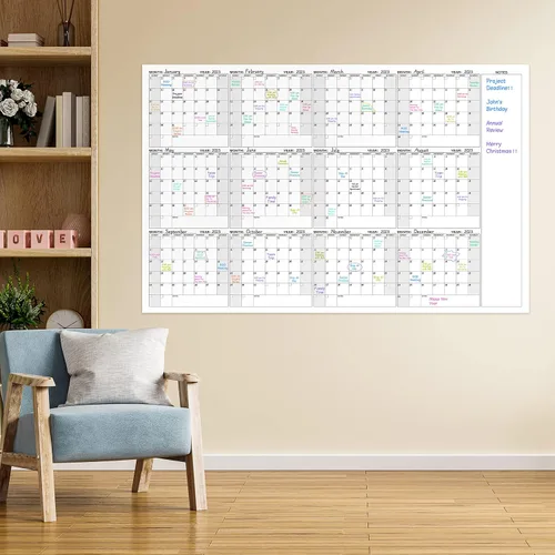 Miniatura 2 de Calendario grande de pared de borrado en seco – Calendario de pared anual de borrado en seco, 37 x 57,9 pulgadas, agenda en blanco sin fecha de 12