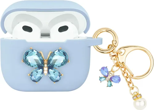 Wonhibo Funda para Airpods 3, bonita funda de diseño azul mariposa para Airpod 3ª serie 3 tercera generación 2021 con llavero