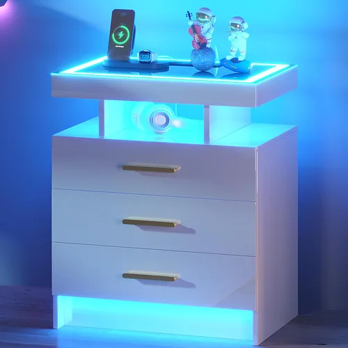Miniatura 11 de HNEBC Mesita de noche LED, RGB blanco con estación de carga USB/inalámbrica, moderna mesita de noche con sensor automático de luces RGB, mesa blanco