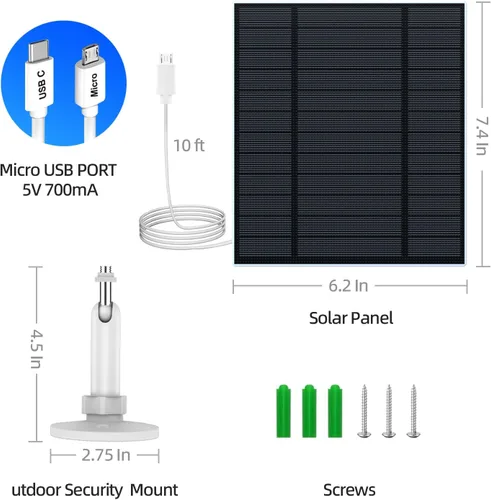 Miniatura 6 de Panel Solar de 5W de 2 Piezas para Cámara de Seguridad, Panel Solar con Puerto Micro USB y USB-C para Cámara para Exteriores con Batería Recargable