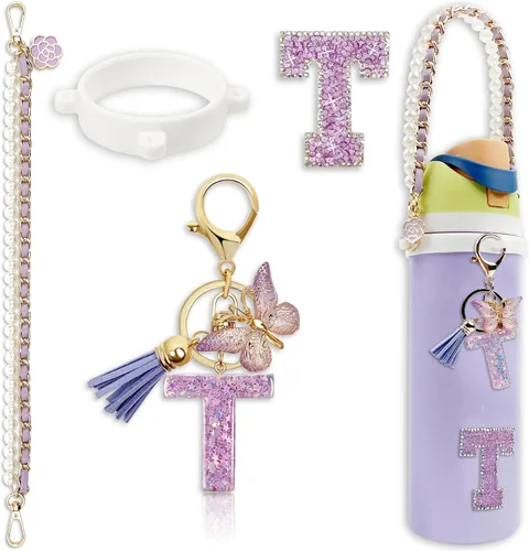 Miniatura 76 de Letter Handle Strap Accessories with Cute Initial Charm Compatible with Owala Water Bottle 24oz 32oz 40oz Owala Kids Púrpura