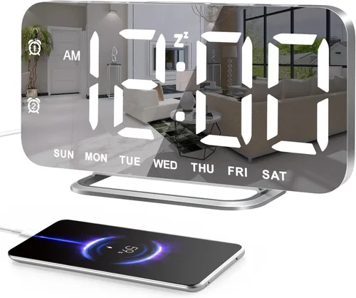Miniatura 11 de Reloj de alarma digital LED delgado, superficie de espejo para maquillaje, con atenuación, pantalla grande, configuración fácil, puertos USB