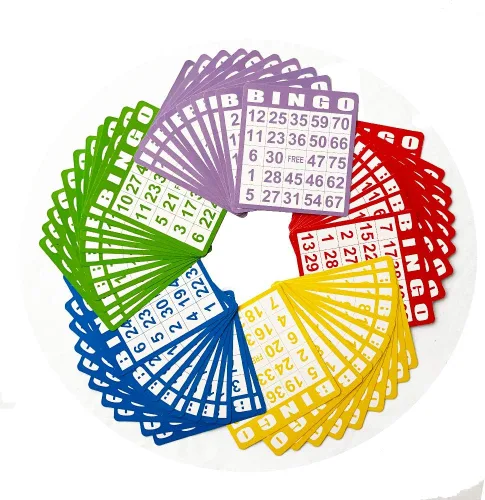 Miniatura 5 de Juego de cartas de bingo Yuanhe - Incluye 50 tarjetas de bingo y 500 fichas de bingo transparentes y coloridas, para juegos de bingo