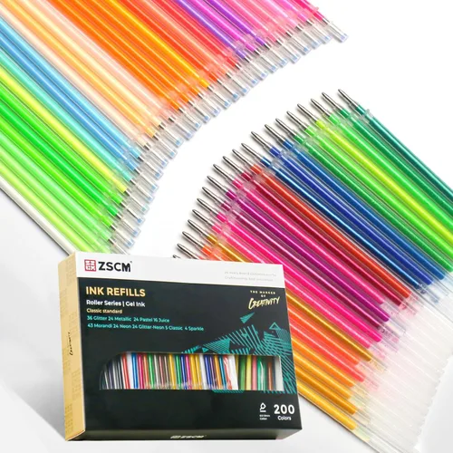 ZSCM Recambios de tinta de gel de 200 colores, bolígrafos de tinta de gel de neón con purpurina, cartuchos de repuesto para libros de colorear para