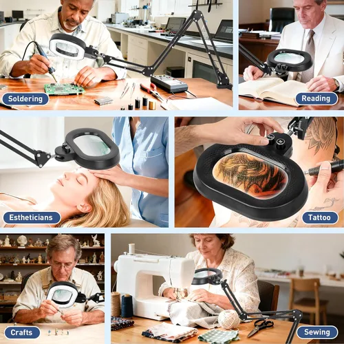 Miniatura 7 de KIRKAS Lupa de 12X con luz, rotación de tres ejes, lupa de brazo extra largo para banco de trabajo, reparación de manualidades, costura, lupa