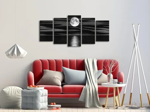 Miniatura 7 de Wieco Art Lienzo impreso con diseño de luna llena en la noche, diseño de playa en blanco y negro para sala de estar, dormitorio, cocina, decoración