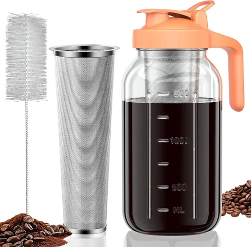 Miniatura 13 de JunVpic Tarro para cafetera fría – Tapa multiusos de vidrio grueso de 64 onzas con asa y filtro de acero inoxidable para café helado, limonada, té