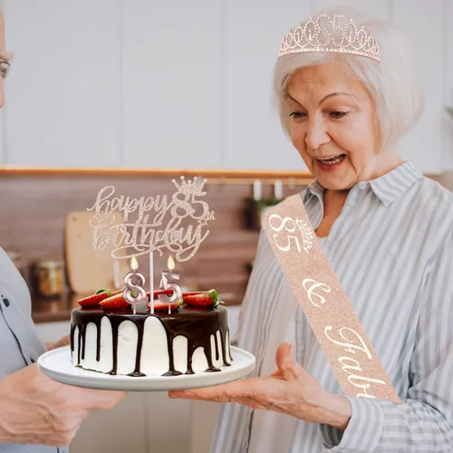 Miniatura 6 de Decoraciones de fiesta de cumpleaños número 85 que incluyen banda, corona, velas numéricas y adorno para pastel, decoraciones de cumpleaños número