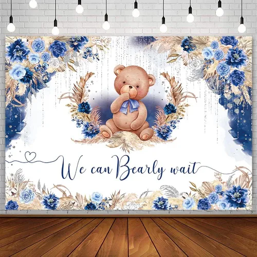 Miniatura 12 de AIBIIN Telón de fondo bohemio para baby shower de 10 x 7 pies para niño, We Can Bearly Wait Oh Baby, fondo de fotografía de flores azul real, hierba