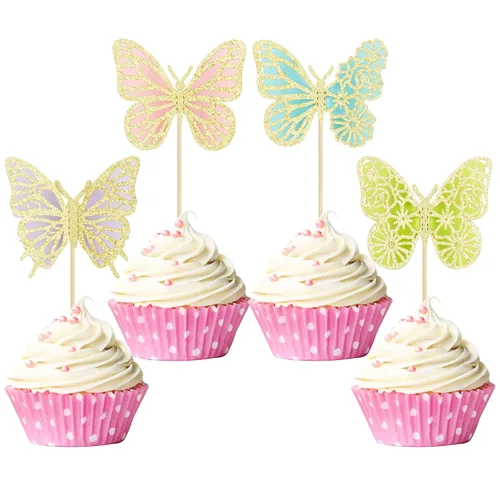 Miniatura 16 de Gyufise Paquete de 24 adornos de mariposa ensamblados con purpurina dorada, decoraciones de mariposa dorada, púas para cupcakes, bodas, 4-dorado
