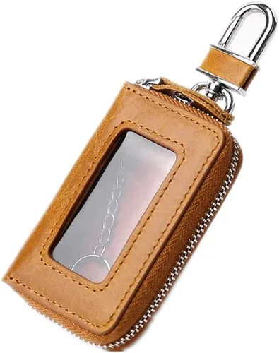Miniatura 3 de BAKUN Mini funda de cuero premium para llaves de coche, llavero inteligente para coche, cartera con cremallera para llavero remoto Marrón claro