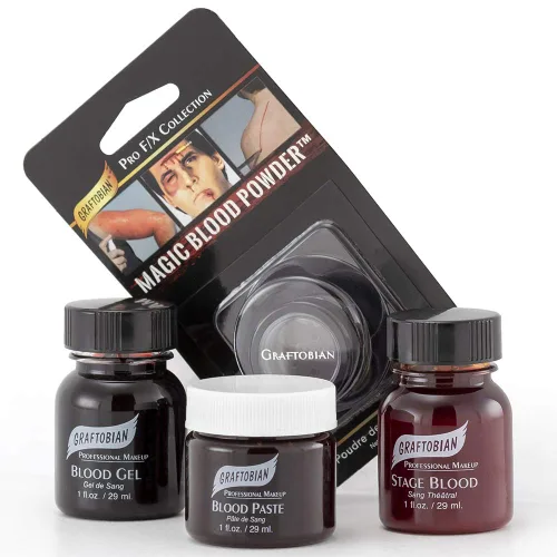 Graftobian Kit de maquillaje para muestras de sangre, con 4 sangre FX, gel de sangre, pasta de sangre, sangre de escenario, polvo de sangre mágico