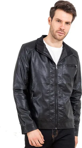 Miniatura 4 de VICALLED Chaqueta de cuero para hombre, ajuste delgado, cuello alto, chaqueta de motocicleta de poliuretano, ligera