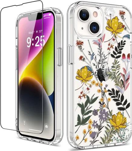 Miniatura 12 de Funda para iPhone 14 Pro con protector de pantalla, 6.1 pulgadas, transparente de cuerpo completo, a prueba de golpes, diseño floral, para niñas