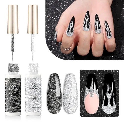 Beetles - Esmalte de uñas de gel con purpurina reflectante y brillo de diamante, 2 piezas, juego de esmalte de uñas de gel con rayas negras y