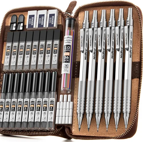 Miniatura 11 de Nicpro - Juego de 20 portaminas metálicos negros en estuche de cuero, lápices de dibujo de 0.01 pulgadas, 0.02 pulgadas, 0.03 pulgadas, 0.035