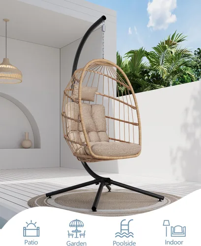 Miniatura 4 de SWITTE Silla de Huevo para Exteriores con Soporte, Silla Columpio Colgante de Mimbre para Interiores con Cojín, Capacidad de 350 libras para Patio