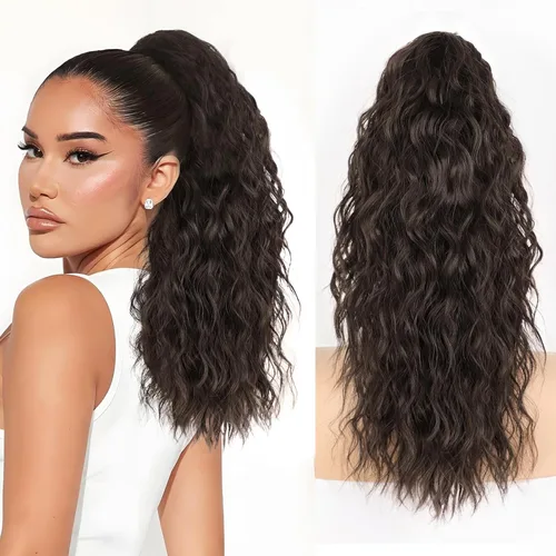 Miniatura 15 de ALXNAN Cola de caballo con clip de garra, extensión de cola de caballo marrón oscuro de 26 pulgadas para mujer, extensiones de cabello sintético