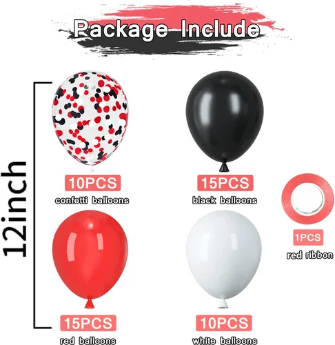 Miniatura 2 de Globos de látex rojos y negros, paquete de 50 globos de fiesta de confeti de 12 pulgadas, negro, blanco, rojo, con cintas para cumpleaños