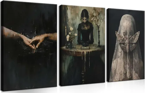 Miniatura 10 de Juego de 3 lienzos góticos para pared, diseño de rosas románticas de Halloween, decoración de pared, pósteres de calavera de cuervo gótico oscuro