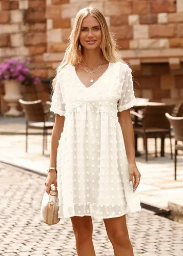 Miniatura 3 de KIRUNDO Vestido corto de manga corta de verano para mujer, vestido casual, suelto y con un cuello en V sexy, vestido holgado de punto suizo