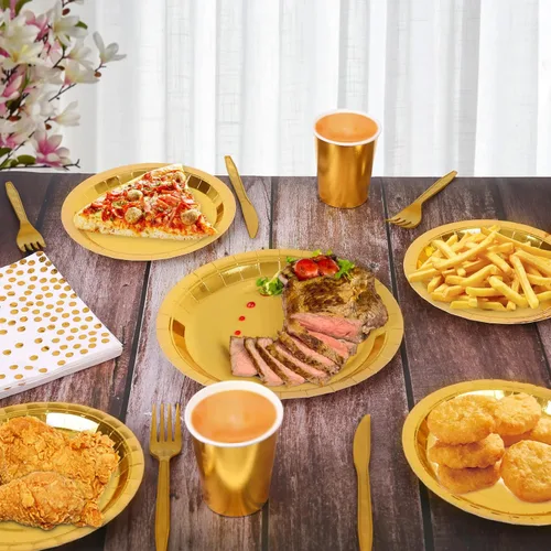 Miniatura 5 de Juego de vajilla desechable dorada de 175 piezas para fiestas, platos de papel dorados, servilletas, vasos, tenedores de plástico dorado, cuchillos
