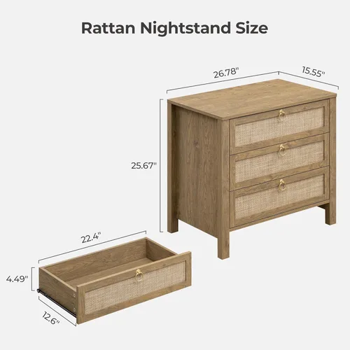 Miniatura 2 de SICOTAS Mesita de noche con cajones, mesa de noche grande de ratán con tirador dorado, mesita de noche de 3 cajones, mesa auxiliar alta, mesa